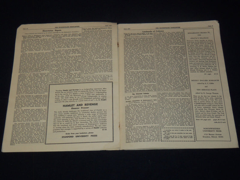 1955-1969 THE SHAKESPEARE NEWSLETTER MAGAZINE LOT OF 10 ISSUES - O 3638B