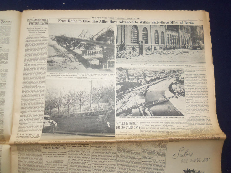 1945 APRIL 12 NEW YORK TIMES - U.S. NINTH AT ELBE 63 MILES FROM BERLIN - NP 6693