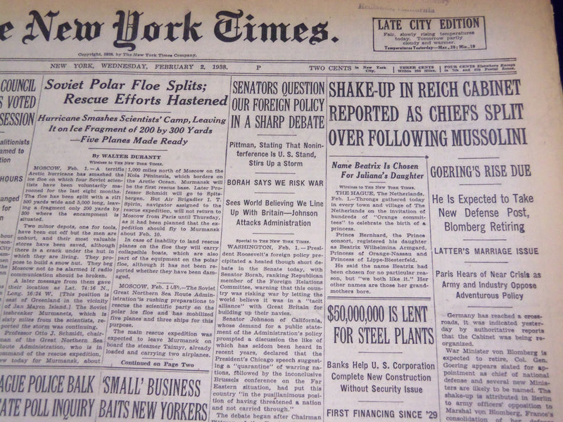 1937 FEBRUARY 2 NEW YORK TIMES - SHAKE-UP REICH CABINET AS CHIEFS SPLIT - NT 738