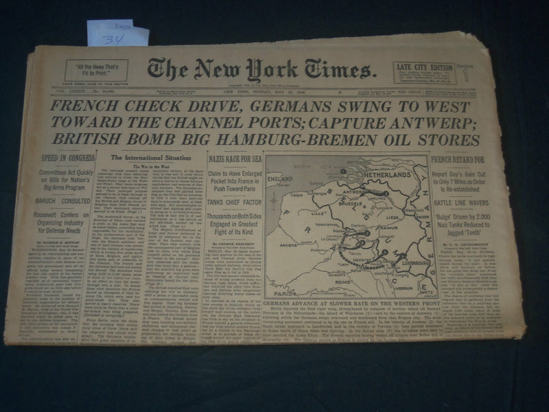 1940 MAY 19 NEW YORK TIMES - FRENCH CHECK DRIVE - GERMANS SWING WEST - NP 3610