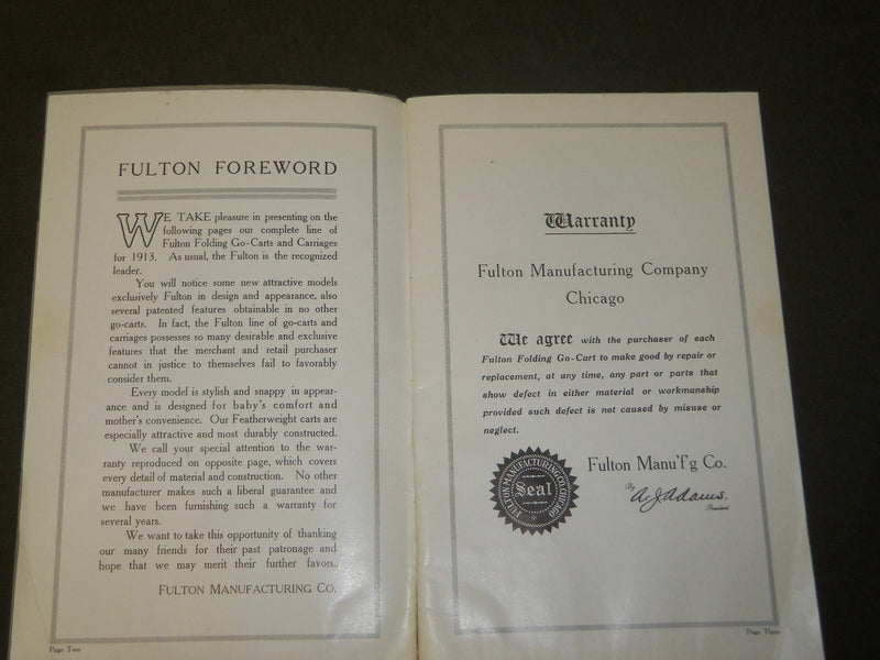 1920'S FULTON FOLDING GO-CARTS AND BABY CARRIAGES CATALOG - CHICAGO - J 3830