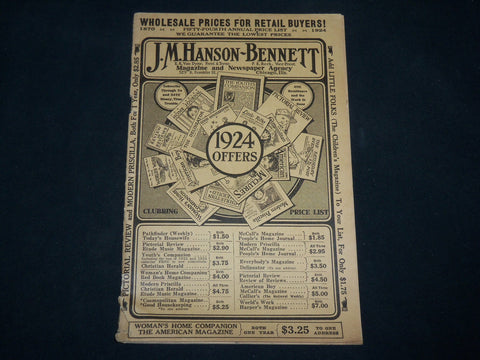 1924 J. M. HANSON BENNETT NEWSPAPER WHOLESALE PRICE CATALOGUE - J 6762