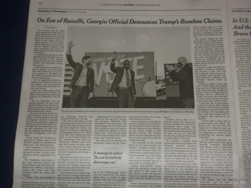 2021 JANUARY 5 NEW YORK TIMES-GEORGIA OFFICIAL DENOUNCES TRUMP ON EVE OF RUNOFFS