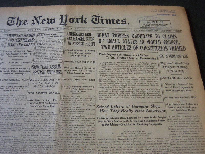 1919 FEB 6 NEW YORK TIMES - POWERS OBDURATE TO CLAIMS OF SMALL STATES - NT 6198