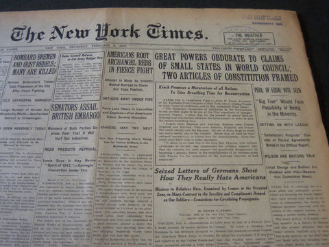 1919 FEB 6 NEW YORK TIMES - POWERS OBDURATE TO CLAIMS OF SMALL STATES - NT 6198
