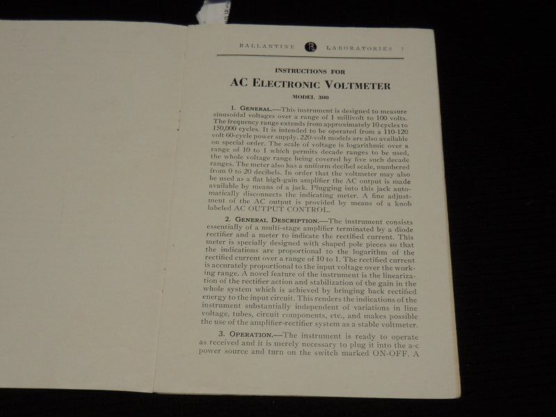 1949 APRIL INSTRUCTIONS FOR AC ELECTRONIC VOLTMETER MODEL 300 - 7TH EDN - J 9896