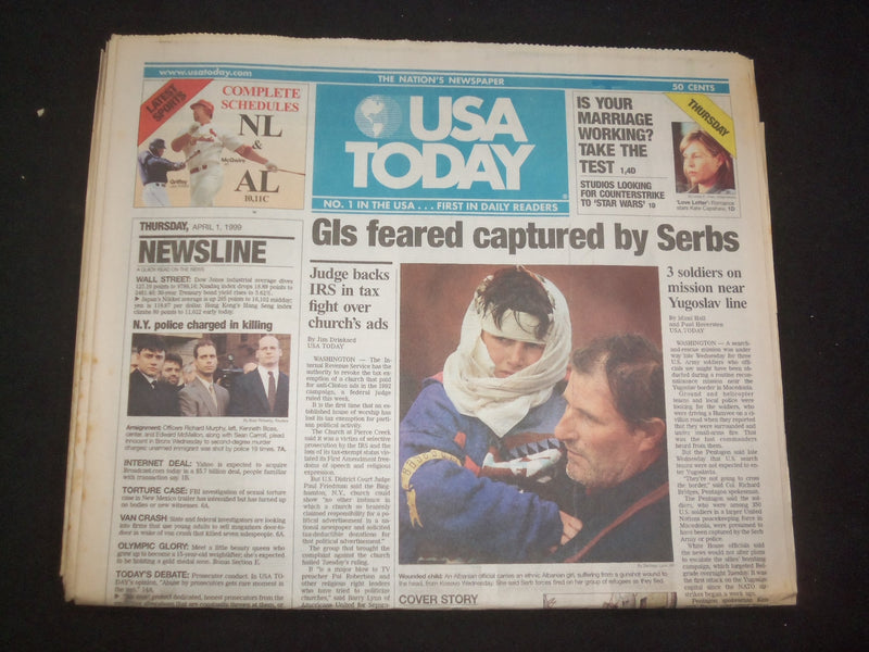 1999 APRIL 1 USA TODAY NEWSPAPER - GI'S FEARED CAPTURED BY SERBS - NP 8017