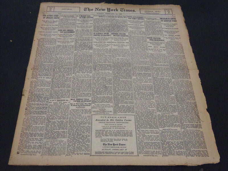 1926 FEB 14 NEW YORK TIMES - FIND ACTOR'S STORY OF LINCOLN'S DEATH - NT 5293