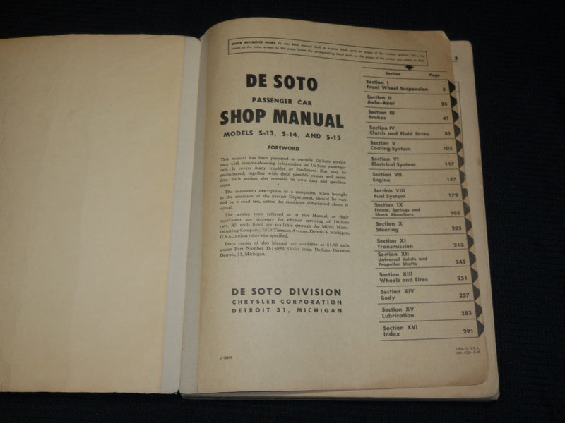 1950'S DE SOTO SHOP MANUAL MODELS S-13, S-14 & S-15 - SOFTCOVER - R 706Q
