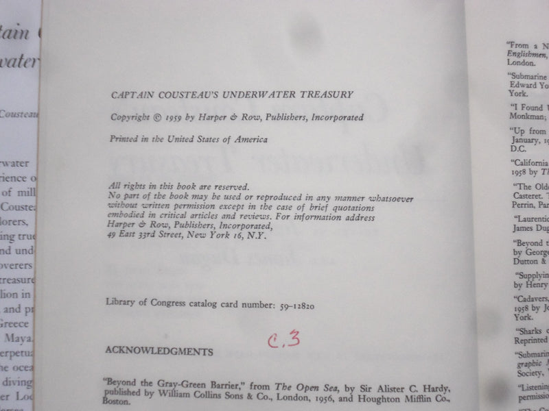 1959 CAPTAIN COUSTEAU'S UNDERWATER TREASURY HARDCOVER BOOK - KD 8289