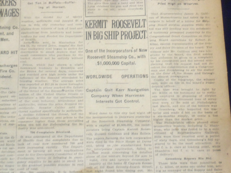 1920 NOVEMBER 14 NEW YORK TIMES - KERMIT ROOSEVELT IN SHIP PROJECT - NT 8454