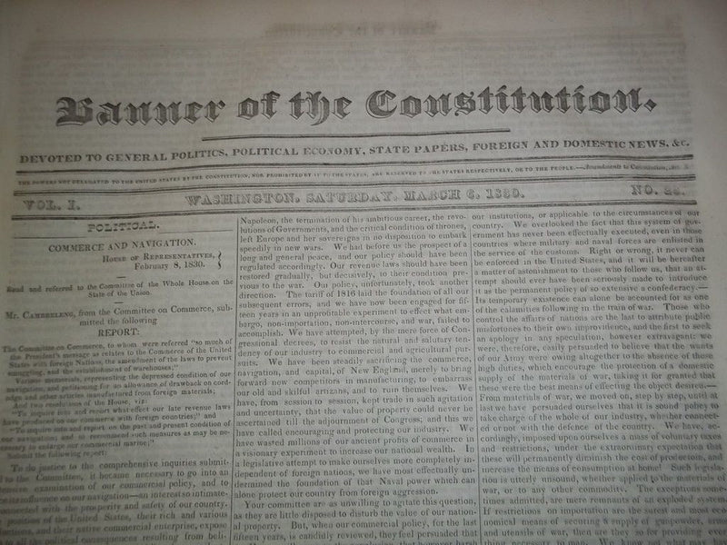 1830 MAR BANNER OF THE CONSTITUTION NEWSPAPER LOT OF 2- VOL I - JACKSON- NP 1498