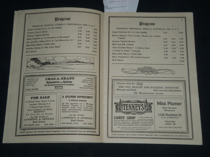 1917 NOV 26-DEC THE FENWAY THEATRE PROGRAM & TICKET - BOSTON - J 4081