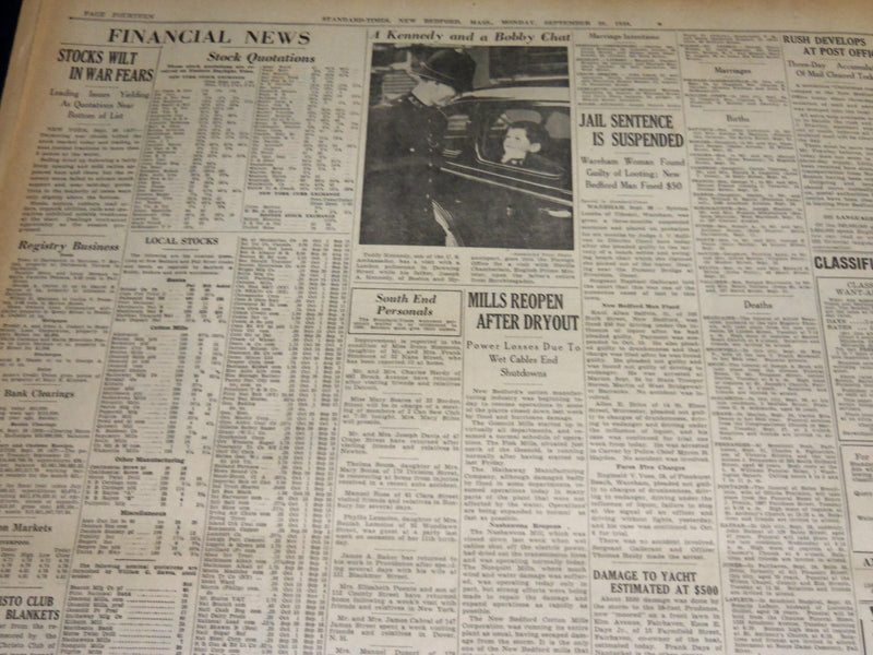 1938 SEPT 26 NEW BEDFORD STANDARD TIMES - ROOSEVELT ASKS PEACE - NT 8914