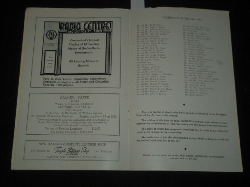 1941-1942 NEW HAVEN SYMPHONY ORCHESTRA FIRST CONCERT PROGRAM - J 5465
