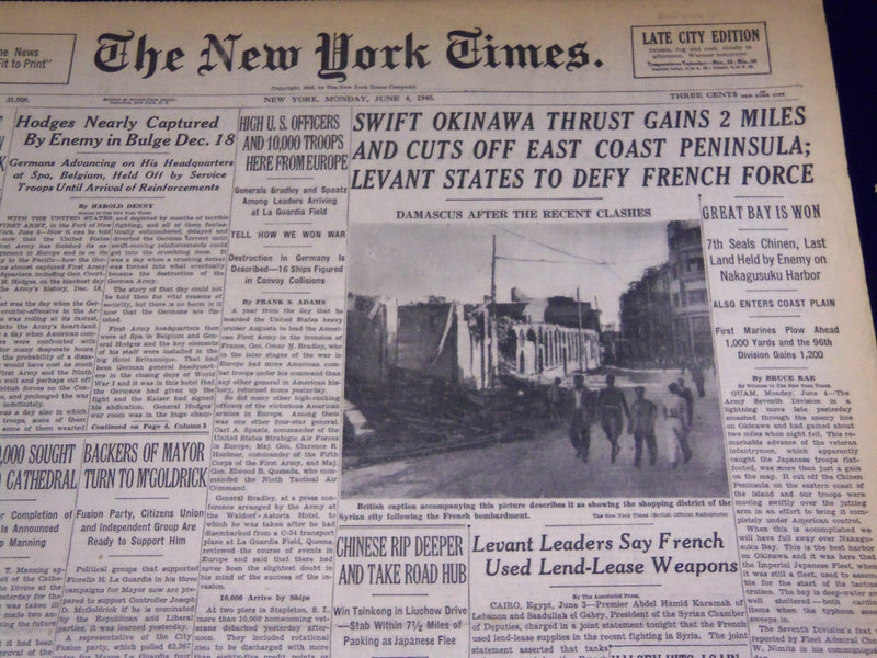 1945 JUNE 4 NEW YORK TIMES - SWIFT OKINAWA THRUST GAINS 2 MILES - NT 639