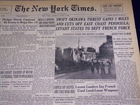 1945 JUNE 4 NEW YORK TIMES - SWIFT OKINAWA THRUST GAINS 2 MILES - NT 639