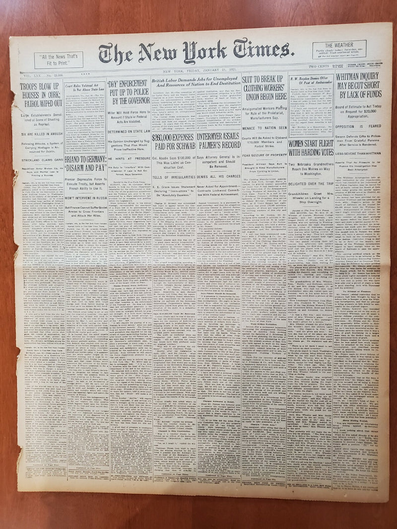 1921 JANUARY 21 NEW YORK TIMES NEWSPAPER- DRY ENFORCEMENT UP TO POLICE - NT 8106