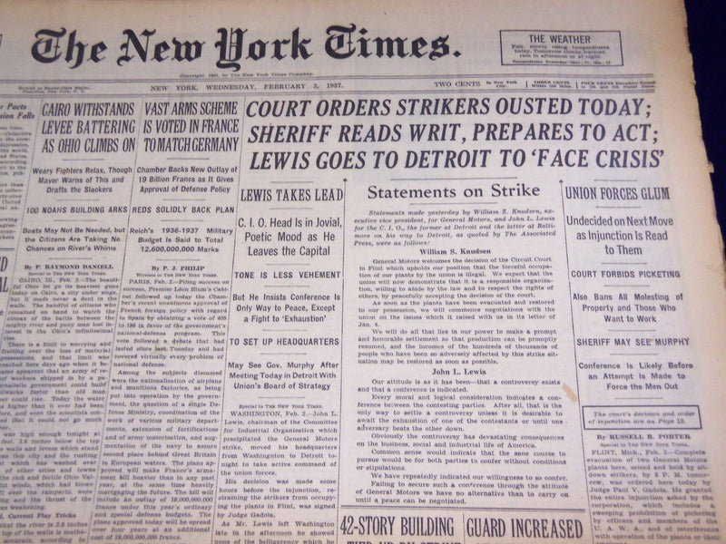 1937 FEB 3 NEW YORK TIMES - COURT ORDERS STRIKES OUSTED TODAY - NT 1290