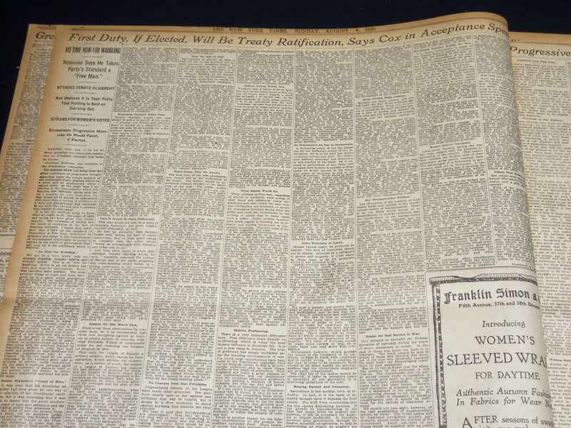 1920 AUGUST 8 NEW YORK TIMES - COX STANDS SQUARELY FOR LEAGUE - NT 8545