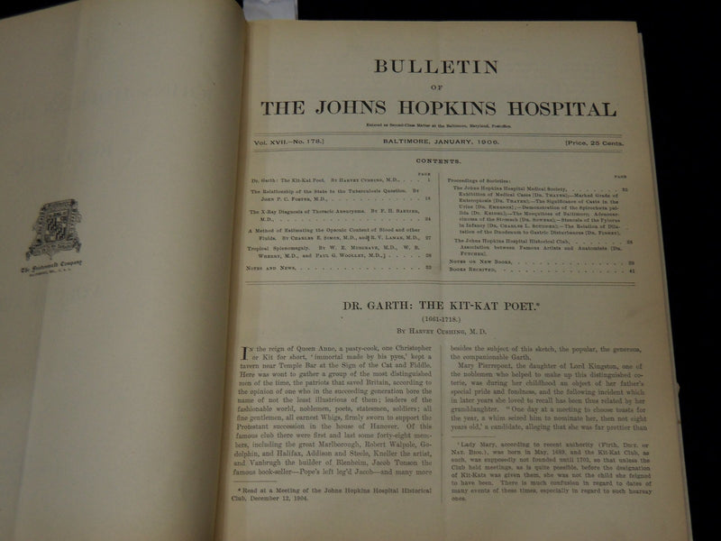 1901-1908 BULLETIN OF THE JOHNS HOPKINS HOSPITAL- 6 VOLUMES - OSLER - CUSHING