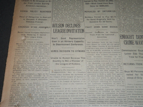 1920 DECEMBER 9 NEW YORK TIMES - WILSON DECLINES LEAGUE INVITATION - NT 6734