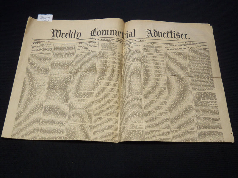 1877 APRIL 4 WEEKLY COMMERCIAL ADVERTISER NEWSPAPER - BROOKLYN BRIDGE - NP 8977