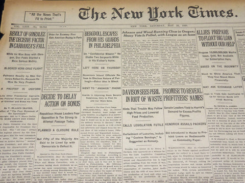 1920 MAY 22 NEW YORK TIMES - GONZALEZ FACTOR IN CARRANZA FALL - NT 8686