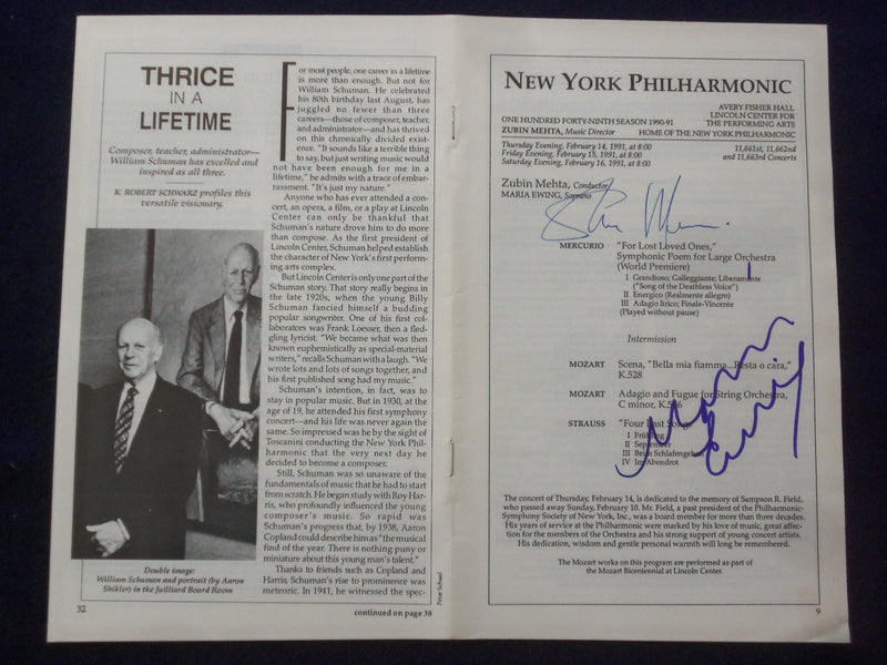 1991 FEBRUARY ZUBIN MEHTA - MARIA EWING SIGNED PROGRAM