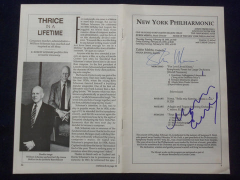 1991 FEBRUARY ZUBIN MEHTA - MARIA EWING SIGNED PROGRAM