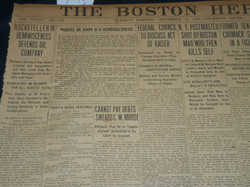 1908 NOVEMBER 10 THE BOSTON HERALD - ROCKEFELLER DEFENDS OIL COMPANY - BH 247