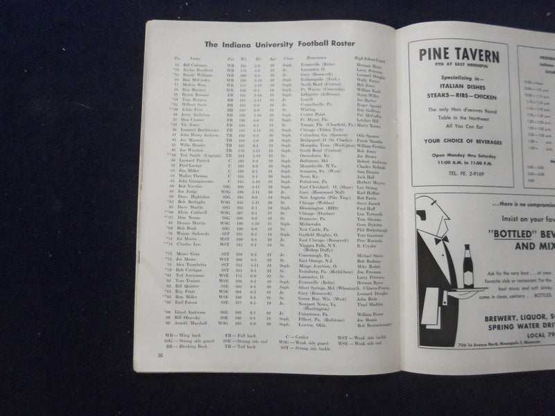 1959 OCTOBER 3 FOOTBALL PROGRAM - INDIANA UNIV VS. UNIV OF MINNESOTA - SP 5454S