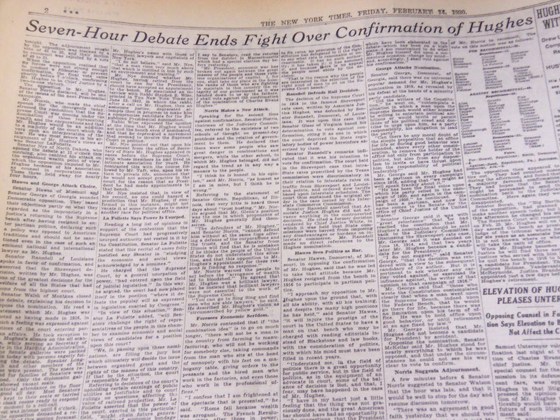 1930 FEBRUARY 14 NEW YORK TIMES - HUGHES CONFIRMED AS CHIEF JUSTICE - NT 1562
