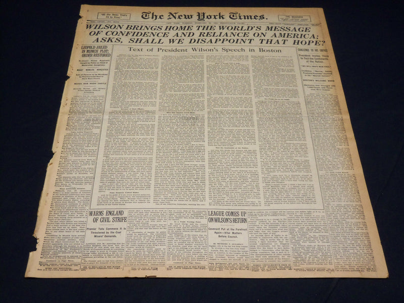 1919 FEBRUARY 25 NEW YORK TIMES - WILSON BRINGS HOME WORLD'S MESSAGE - NT 7970