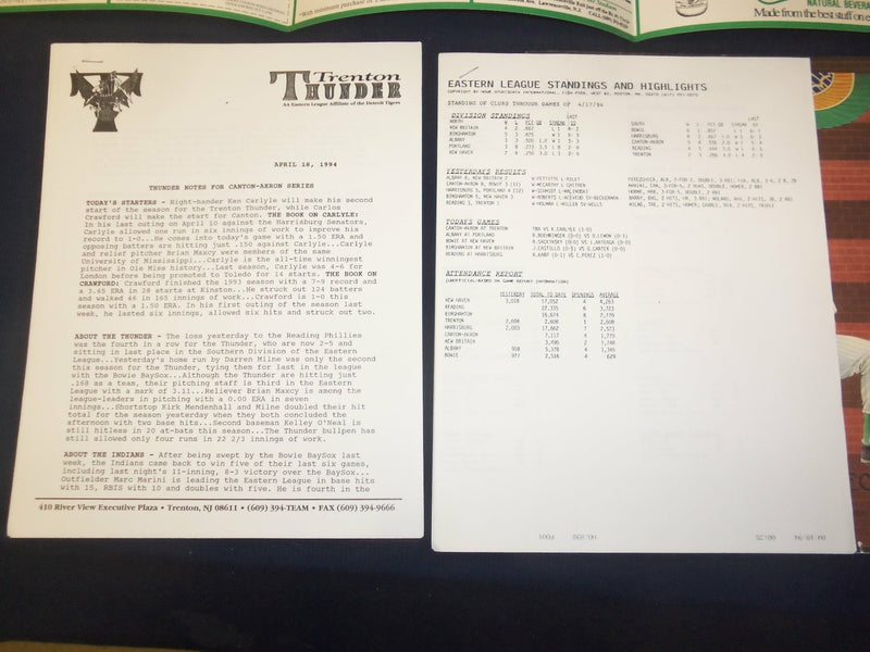 1994 TRENTON THUNDER OFFICIAL SCORECARD - INAUGURAL SEASON - LOT OF 2 - B 6482