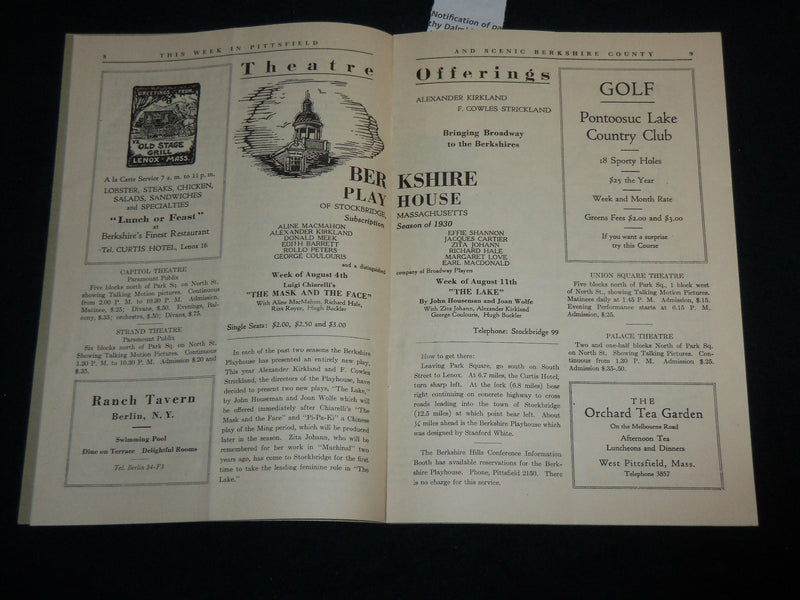 1930 THIS WEEK IN PITTSFIELD MAGAZINES LOT OF 2 ISSUES - J 6634