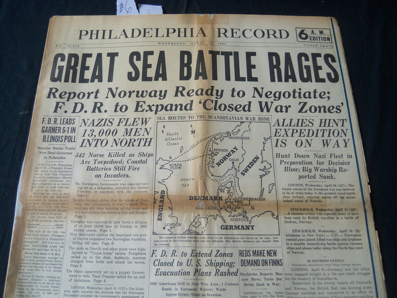 1940 APRIL 10 PHILADELPHIA RECORD NEWSPAPER - GREAT SEA BATTLE RAGES - NT 7248
