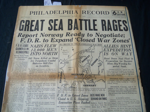 1940 APRIL 10 PHILADELPHIA RECORD NEWSPAPER - GREAT SEA BATTLE RAGES - NT 7248