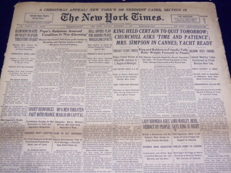 1936 DEC 6 NEW YORK TIMES - KING HELD CERTAIN TO QUIT TOMORROW - NT 2079