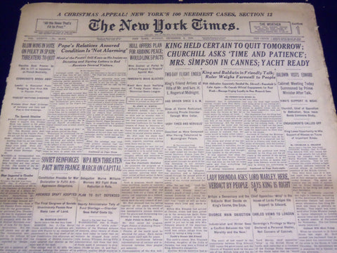 1936 DEC 6 NEW YORK TIMES - KING HELD CERTAIN TO QUIT TOMORROW - NT 2079