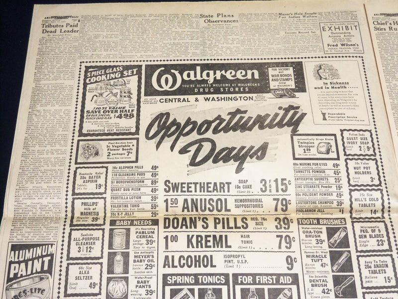 1945 APRIL 13 ARIZONA REPUBLIC NEWSPAPER - PRESIDENT ROOSEVELT DIES - NP 4514