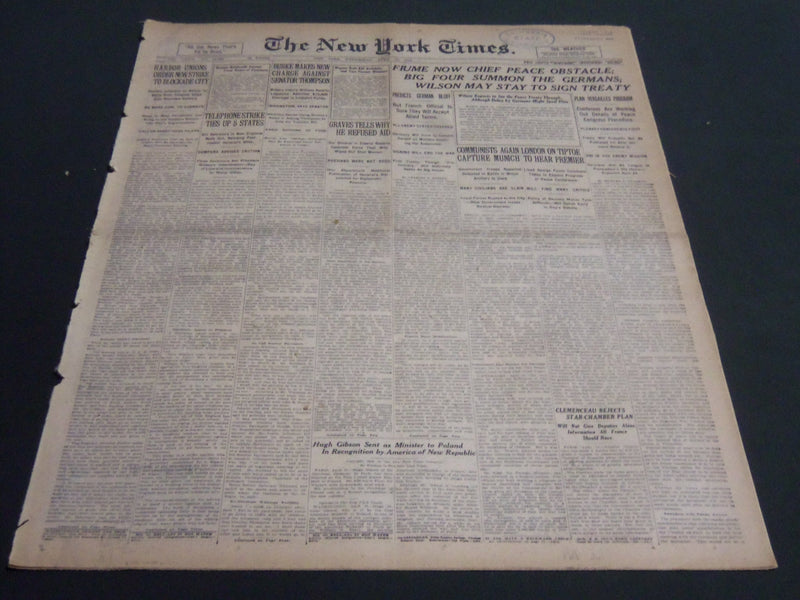 1919 APRIL 16 NEW YORK TIMES - FIUME NOW CHIEF PEACE OBSTACLE - NT 6973
