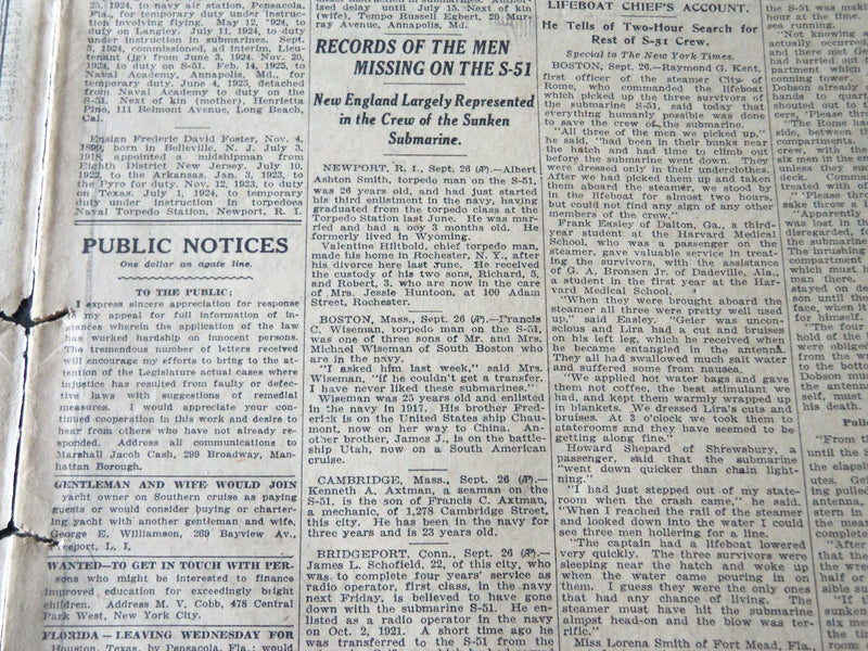 1925 SEPTEMBER 27 NEW YORK TIMES - DIVER FINDS TORN HULL OF SUNKEN S-51- NT 7200