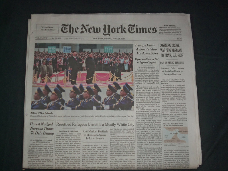 2019 JUNE 21 NEW YORK TIMES - DOWNING DRONE WAS 'BIG MISTAKE' BY IRAN, U.S. SAYS