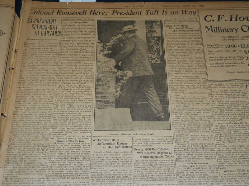1910 JUNE 29 THE BOSTON HERALD - COLONEL ROOSEVELT HERE - TAFT ON WAY - BH 340