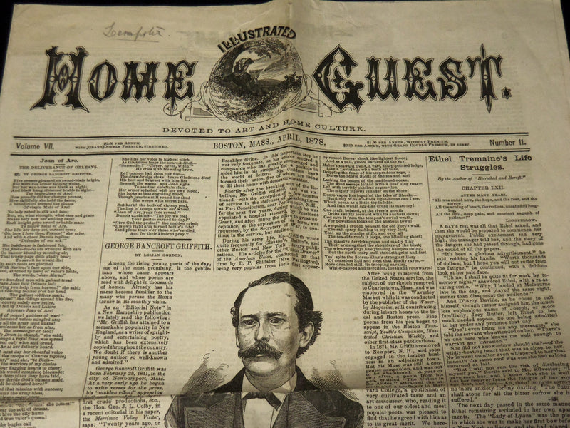 1878 APRIL ILLUSTRATED HOME GUEST NEWSPAPER - GEORGE BANCROFT GRIFFITH - K 61