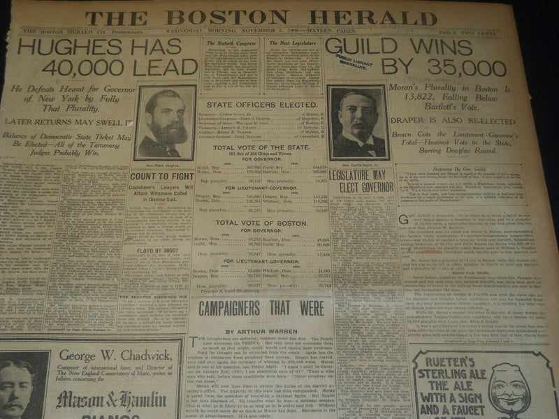 1906 NOVEMBER 7 THE BOSTON HERALD - GUILD WINS - HUGHES HAS LEAD - BH 138