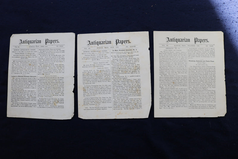 1879-1885 ANTIQUARIAN PAPERS - IPSWICH, MASSACHUSETTS - LOT OF 34 - K 780