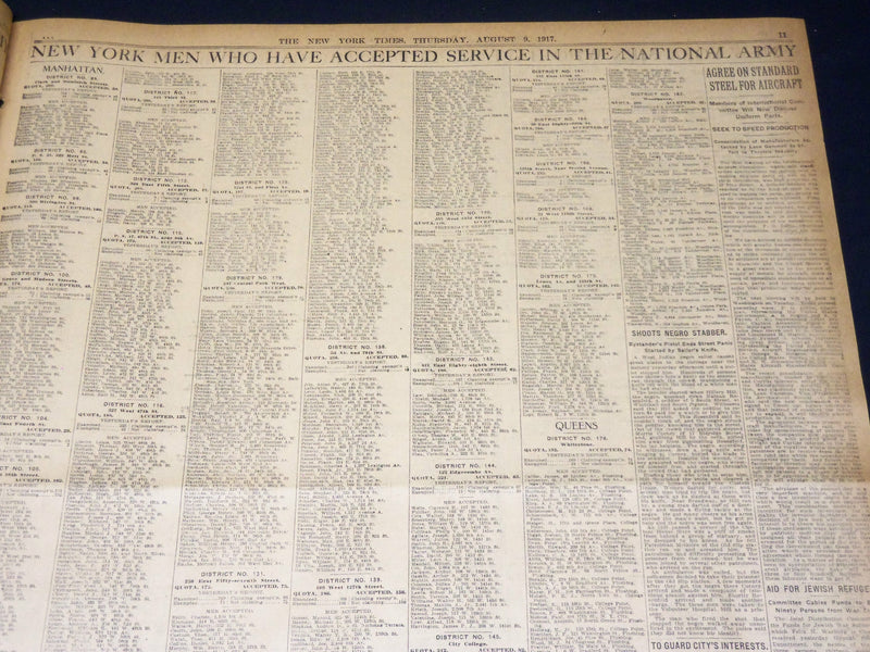 1917 AUGUST 9 NEW YORK TIMES - DRAFT CALL FOR 251,900 MEN - NT 8506