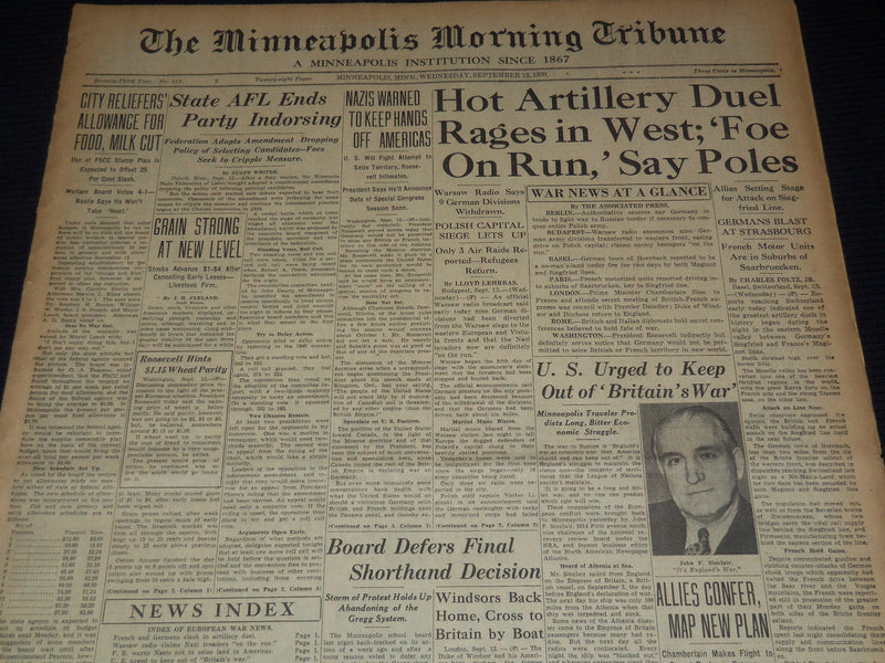 1939 SEPTEMBER 13 MINNEAPOLIS MORNING TRIBUNE - ARTILLERY DUEL IN WEST - NT 9529